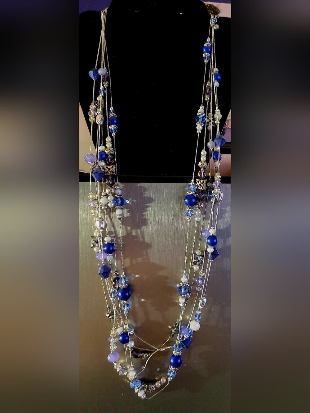 34"-36" Lovely Set of 3 Blue & Silver-Tone Beaded Necklaces Lot | Layering